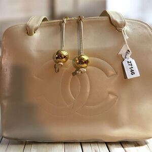 CHANEL Beige Shoulder Bag with Gold Accents